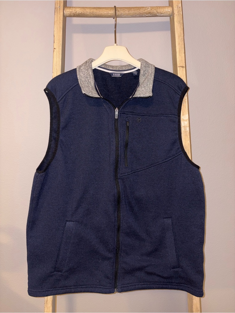 Izod Navy Fleece Vest with Gray Collar Trim